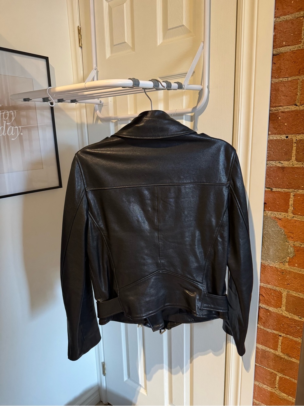 Reiss Black Leather Biker Jacket with Removable Taupe Faux Fur Collar - Picture 5 of 5